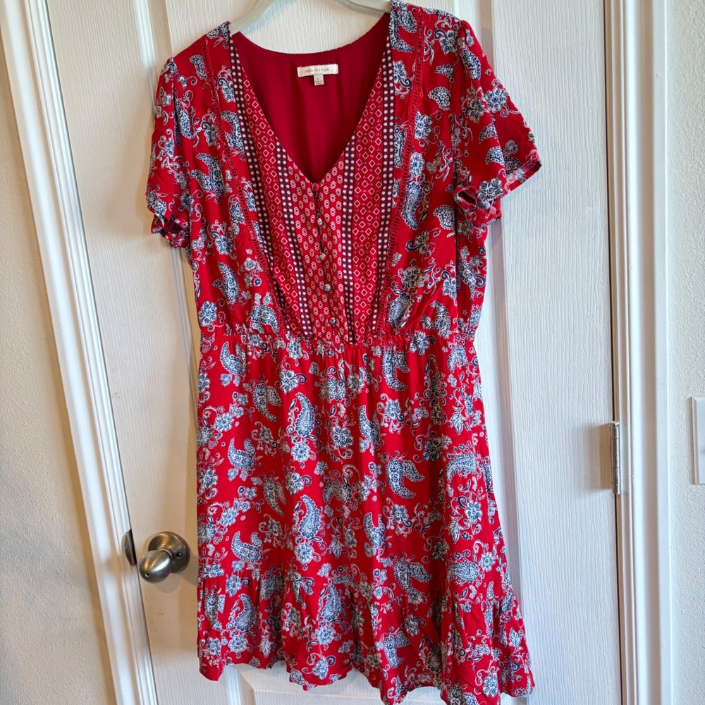 Skies Are Blue Red Paisley Print V-Neck Lined Mini Dress Large Short Sleeve Boho
